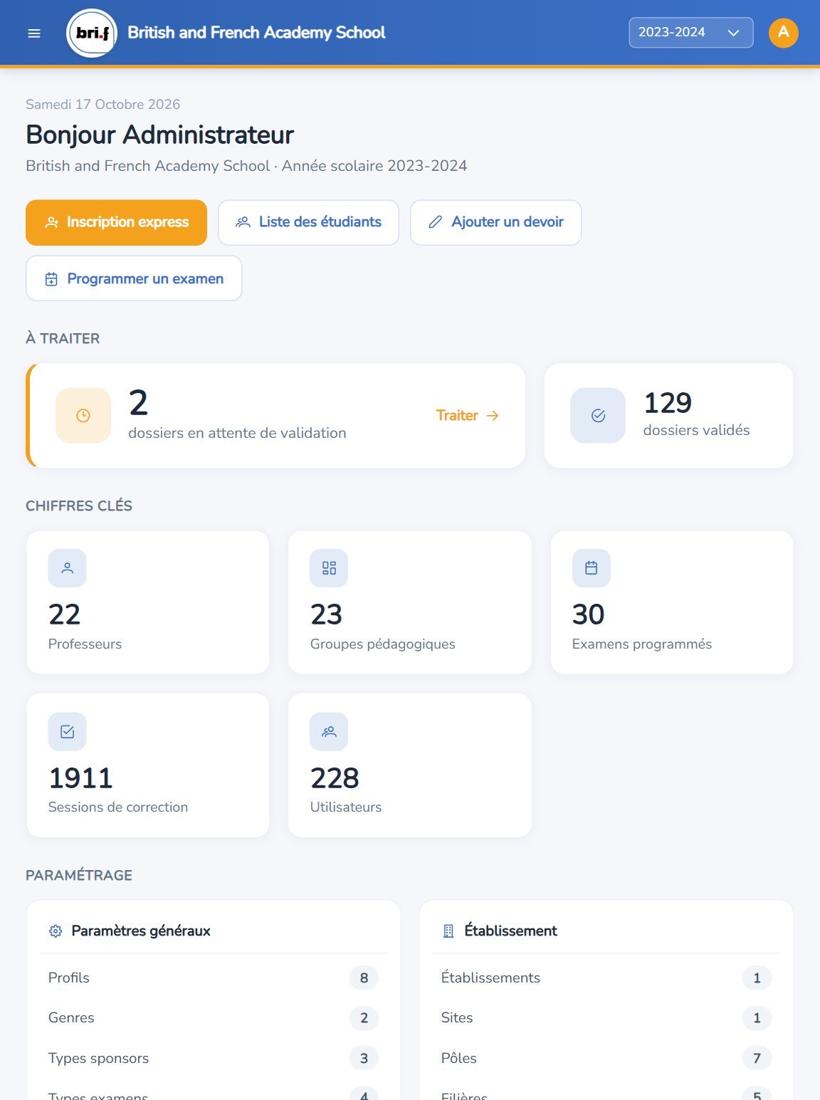 Tableau de bord administrateur SchoolPro sur tablette
