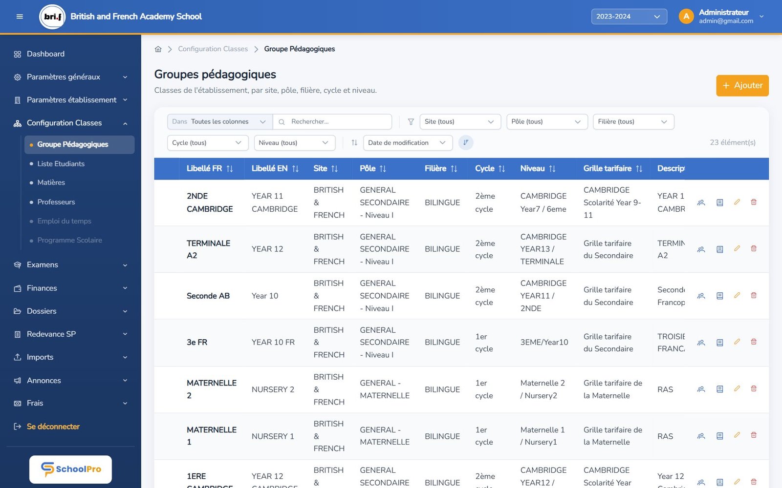 Liste des groupes pédagogiques dans SchoolPro