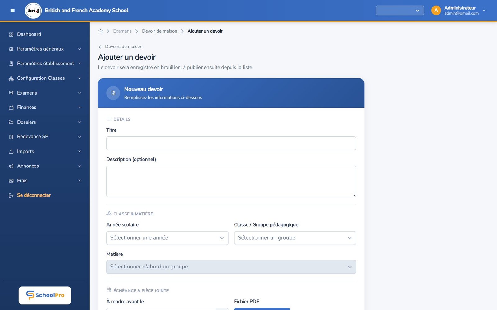 Création d'un devoir de maison dans SchoolPro