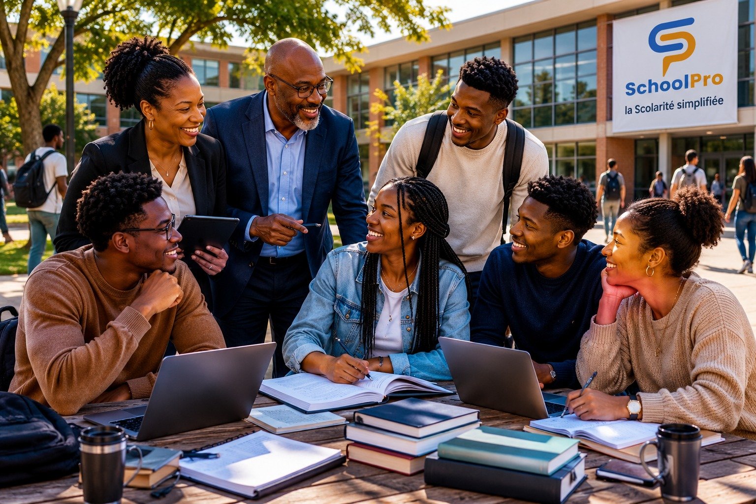Professeurs et élèves utilisant SchoolPro sur le campus